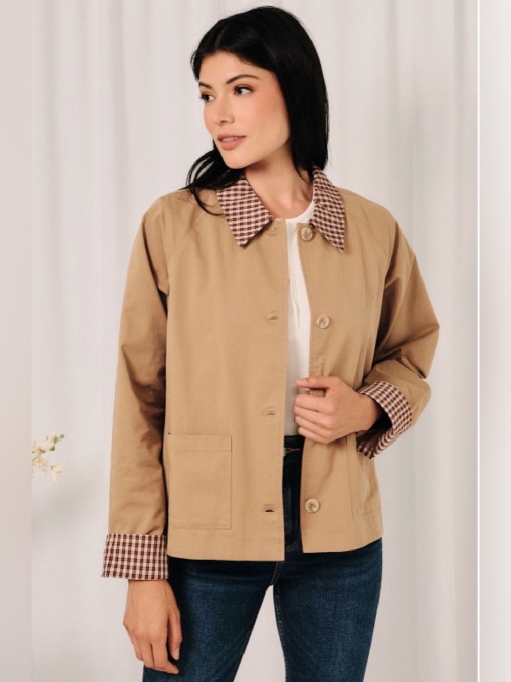 Mocha plaid Contrast-Collar Jacket